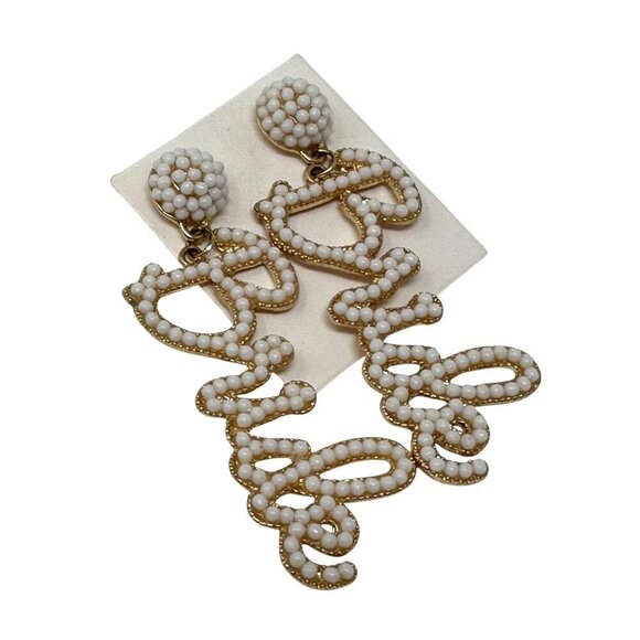 Jewelry - Bride Beaded Statement Earrings Goldtone White Dangling Design Wedding Post Back